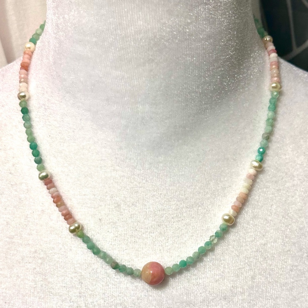Peruvian Pink Opal Colombian Emeralds Freshwater Pearls Handmade 16” Necklace